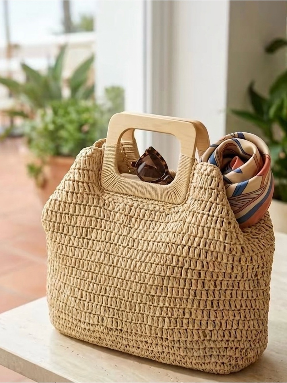 Woven Straw Tote Bag with Wooden Handles - Natural Vacation Ready